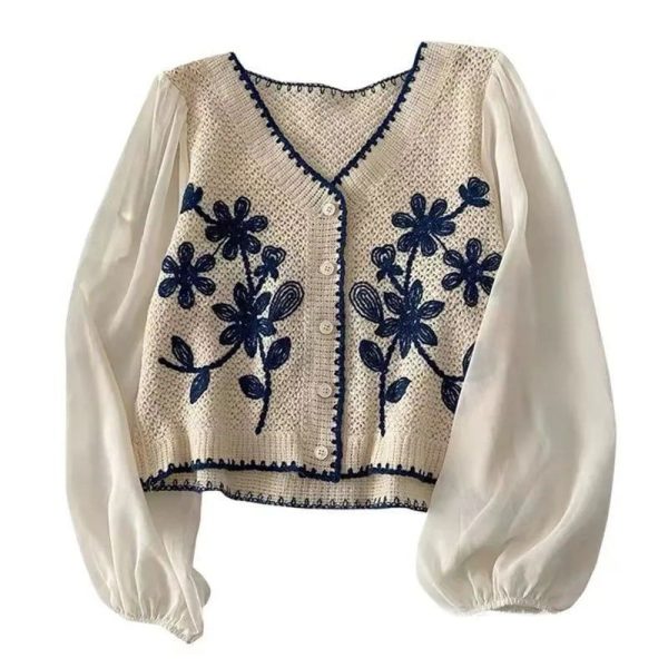 Cardigan Fleur Brodé Bleu