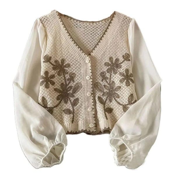 cardigan fleur brodé brun-beige