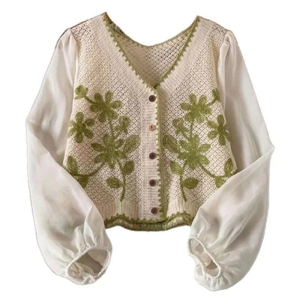 Cardigan Fleur Brodé Vert
