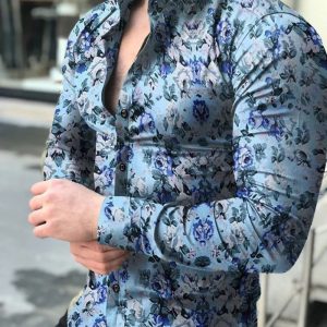 Chemise A Fleur Homme Longue Bleu Clair