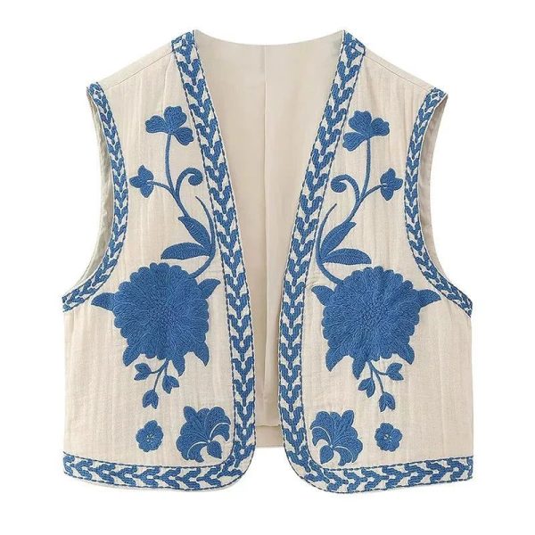 Gilet Fleuri Femme Epuré Blanc-Bleu