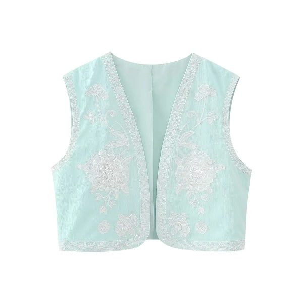 Gilet Fleuri Femme Vintage Bleu-Vert