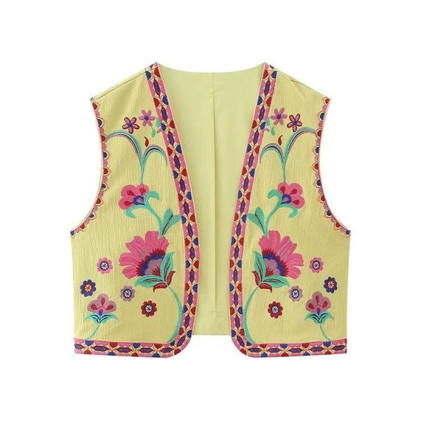 Gilet Fleuri Femme Vintage Design Jaune