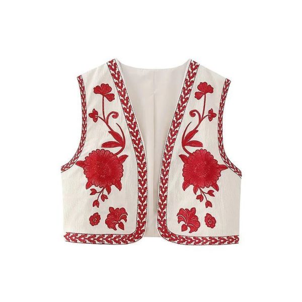 Gilet Fleuri Femme Vintage Rouge-Blanc