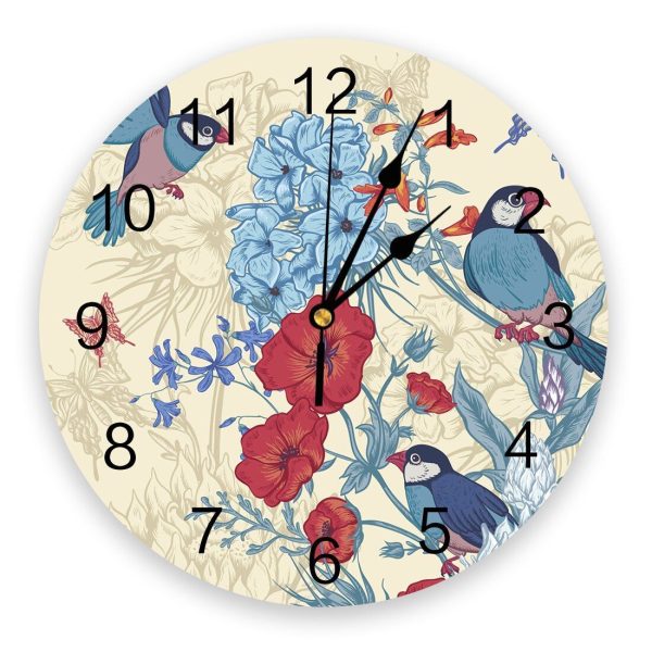 Horloge Fleurie Oiseaux Bleus