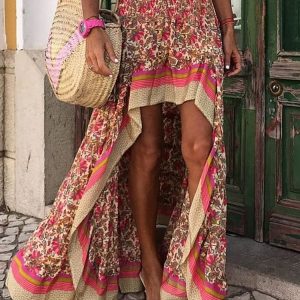 Jupe Longue Fleurie Bohème Eté Rouge