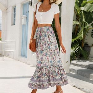 Jupe Longue Fleurie Bohème Floraison Blanche