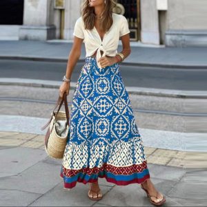 Jupe Longue Fleurie Bohème Vintage Bleue & Rouge
