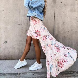 Jupe Longue Fleurie Style Bohème Epuré Rose