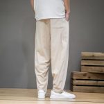 pantalon beige élastique en lin pour homme