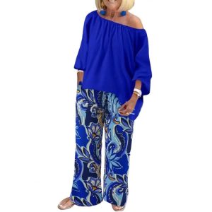 Pantalon Fleuri Vintage Bleu