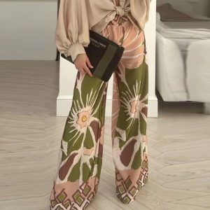 Pantalon Large Fleuri Kaki