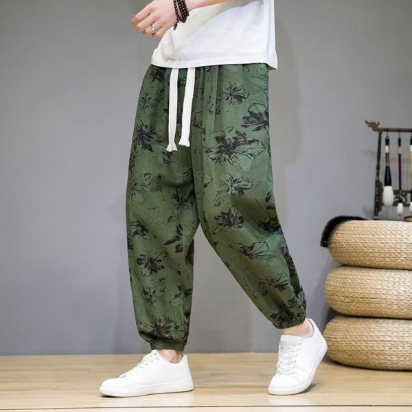 Pantalon Lin Homme Chinois Fleur Vert