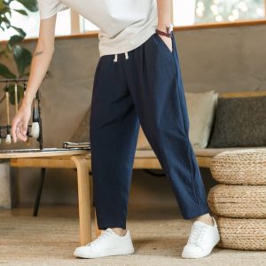 Pantalon Lin Homme Droit Bleu