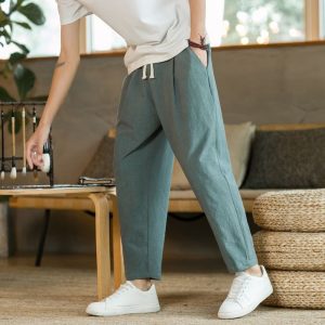 pantalon lin homme droit vert