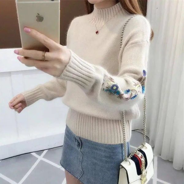 Pull Fleuri Brodé Beige