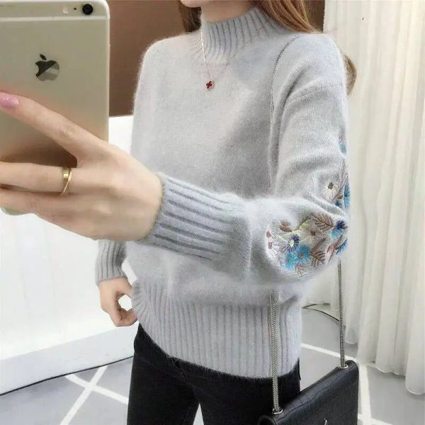 Pull Fleuri Brodé Gris