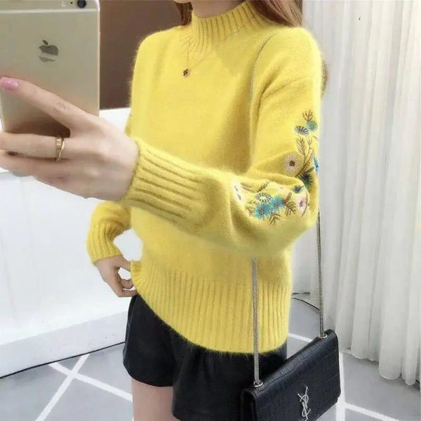 Pull Fleuri Brodé Jaune