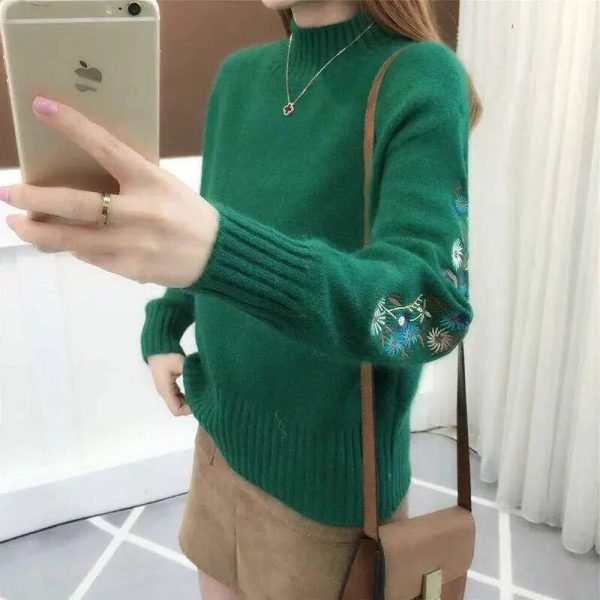 Pull Fleuri Brodé Vert