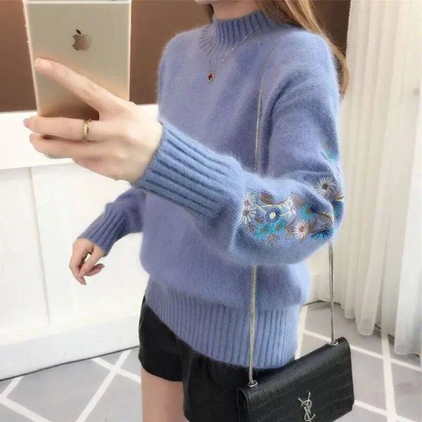Pull Fleuri Brodé Bleu