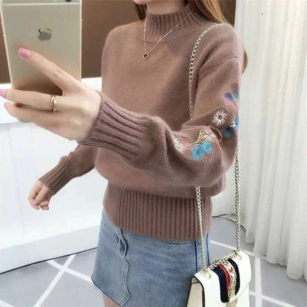 Pull Fleuri Brodé Brun