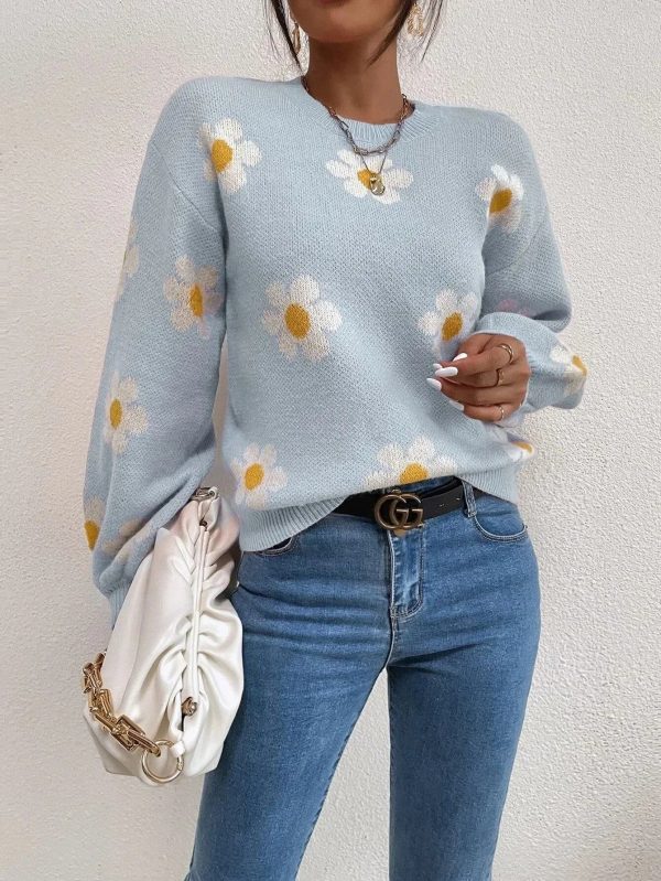Pull Imprimé Fleuri Femme Bleu Clair