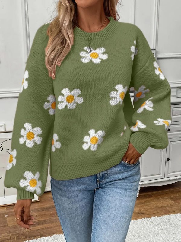 Pull Imprimé Fleuri Femme Kaki