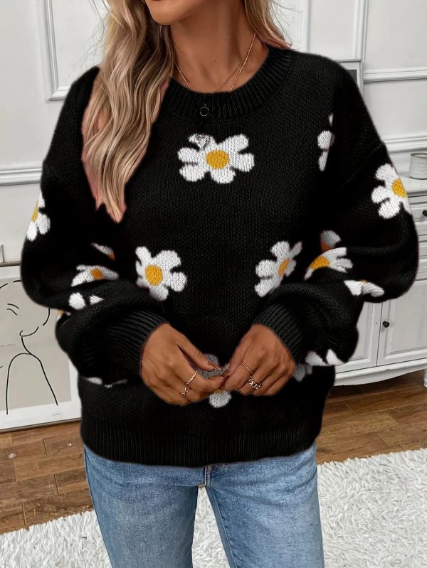 Pull Imprimé Fleuri Femme Noir