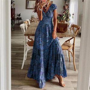 Robe Fleurie Classe Vintage Bleu
