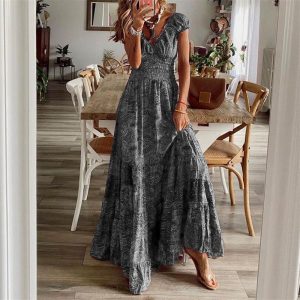 Robe Fleurie Classe Vintage Gris