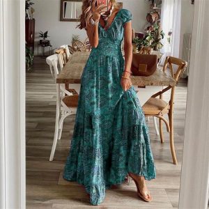 Robe Fleurie Classe Vintage Verte