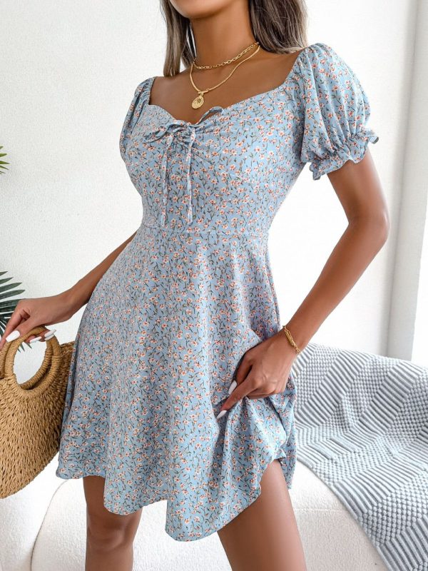 Robe Fleurie Epuré Design Vintage Bleu Ciel