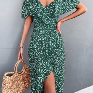 Robe Fleurie Epuré Verte