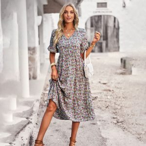 Robe Fleurie Fashion Elégante Bleu