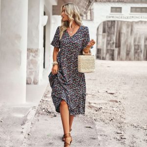 Robe Fleurie Fashion Elégante Bleu Foncé