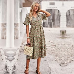 Robe Fleurie Fashion Elégante Verte