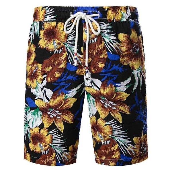 Short De Bain A Fleur Bleu Doré