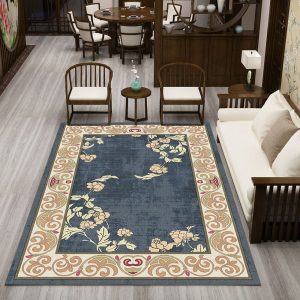 Tapis Fleur Style Chinois Bleu Marine