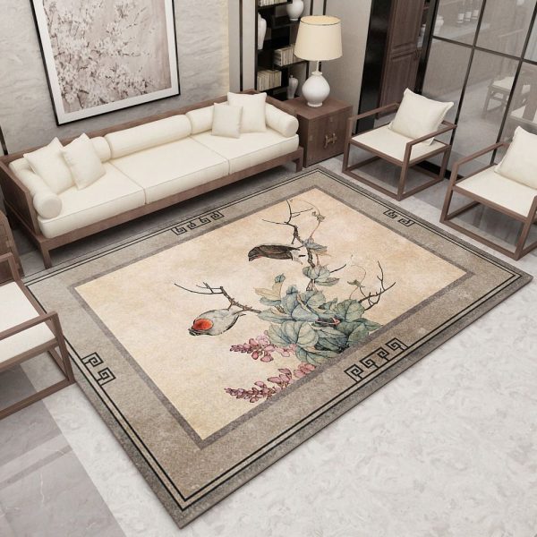 Tapis Fleur Style Chinois Brun Oiseau Epuré