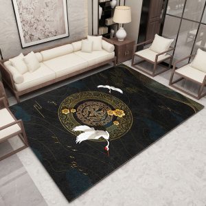 Tapis Fleur Style Chinois Noir Oiseau