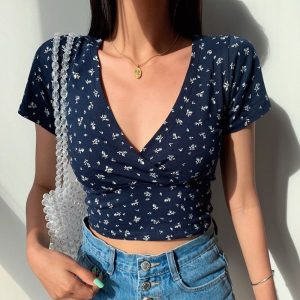 Top Fleuri Minimaliste Bleu Foncé