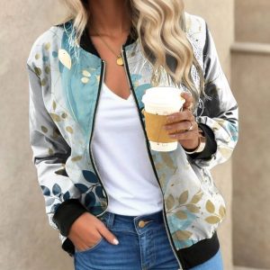 Veste Bomber Fleuri Bleu Ciel
